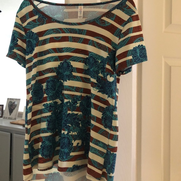 LuLaRoe Classic T Teal Stripes and Roses - Picture 1 of 2